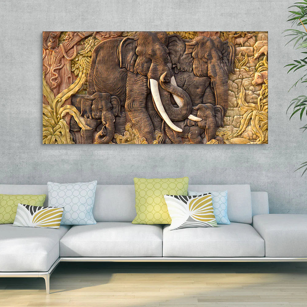 Elephant Family in the Forest Textured Art Premium Wall Painting DECORMANTRA