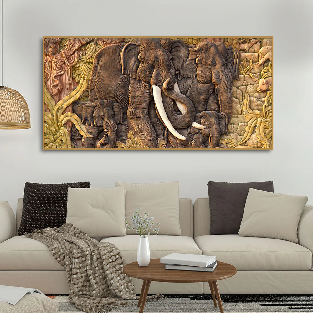 Elephant Family in the Forest Textured Art Premium Wall Painting DECORMANTRA