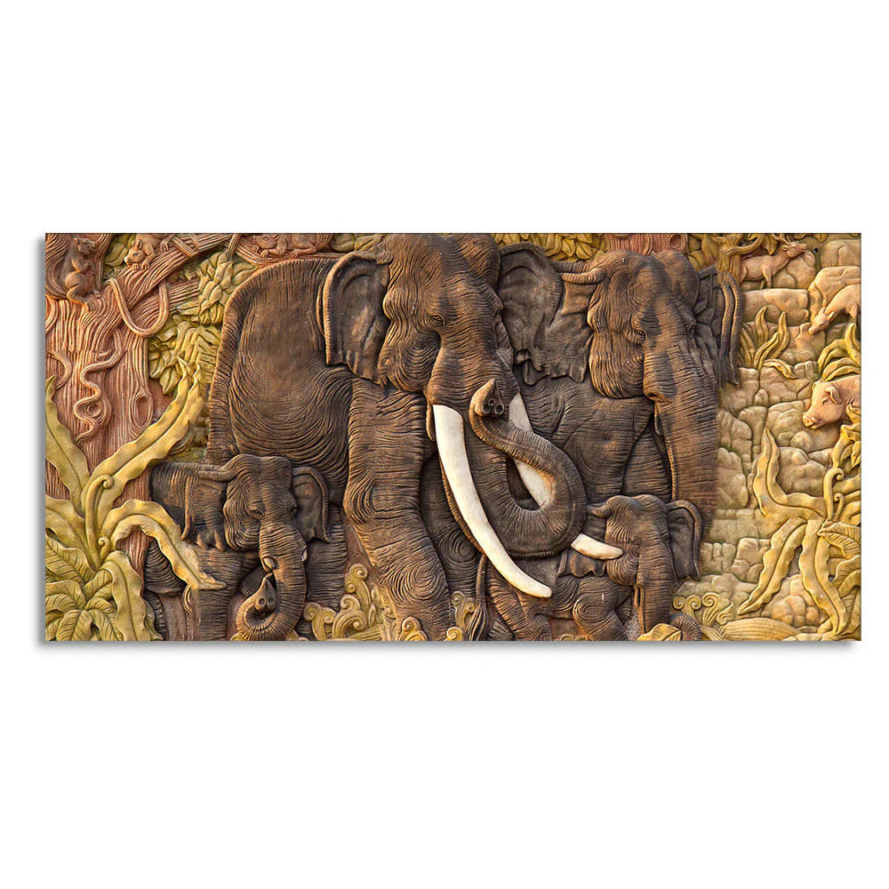 Elephant Family in the Forest Textured Art Premium Wall Painting DECORMANTRA