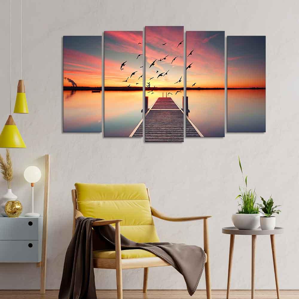 Romantic Wooden Jetty in Sunset Canvas wall Painting of Five Pieces - Decor Mantra 