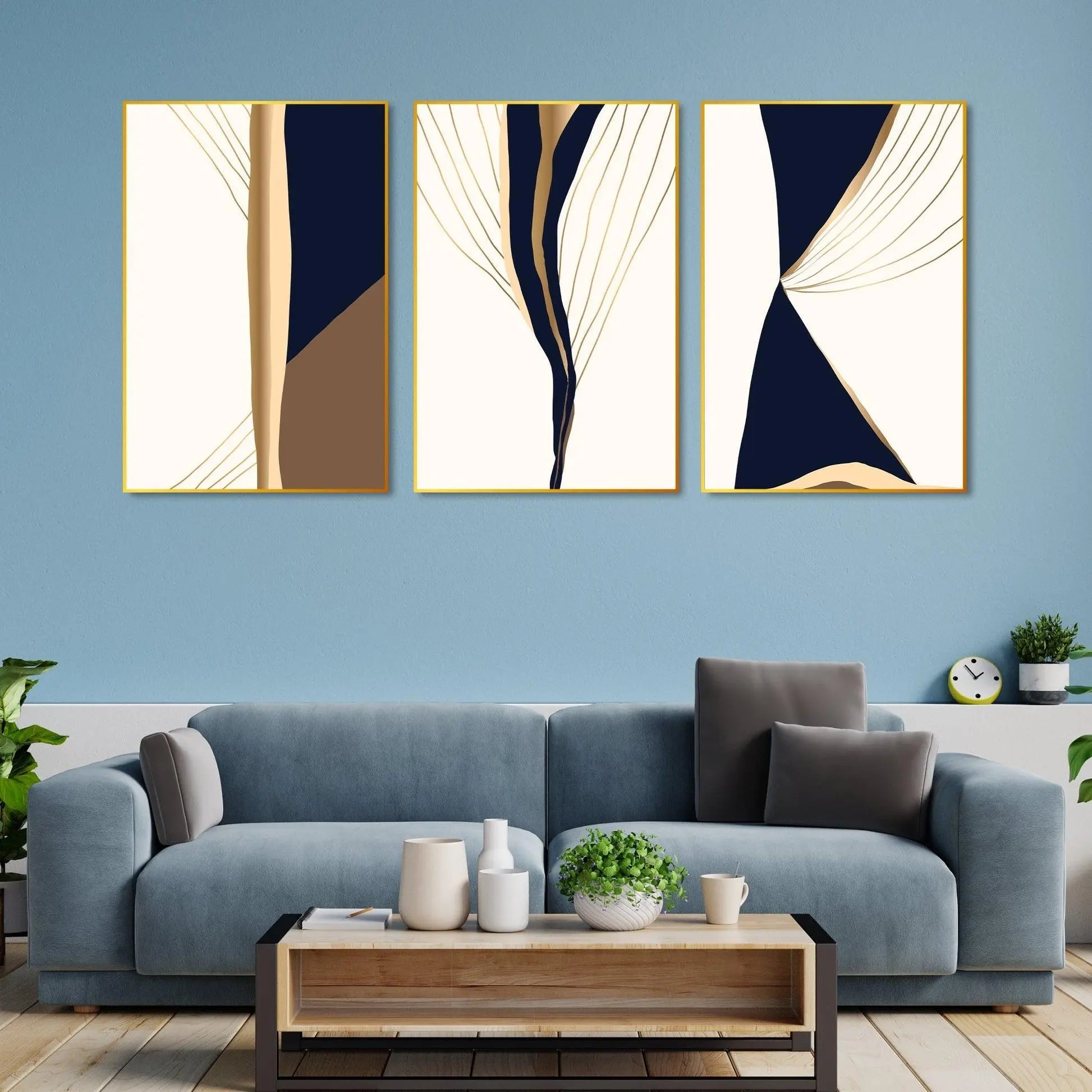 Gold & Black Modern Art Floating Canvas Wall Painting Set of Three - Decor Mantra 