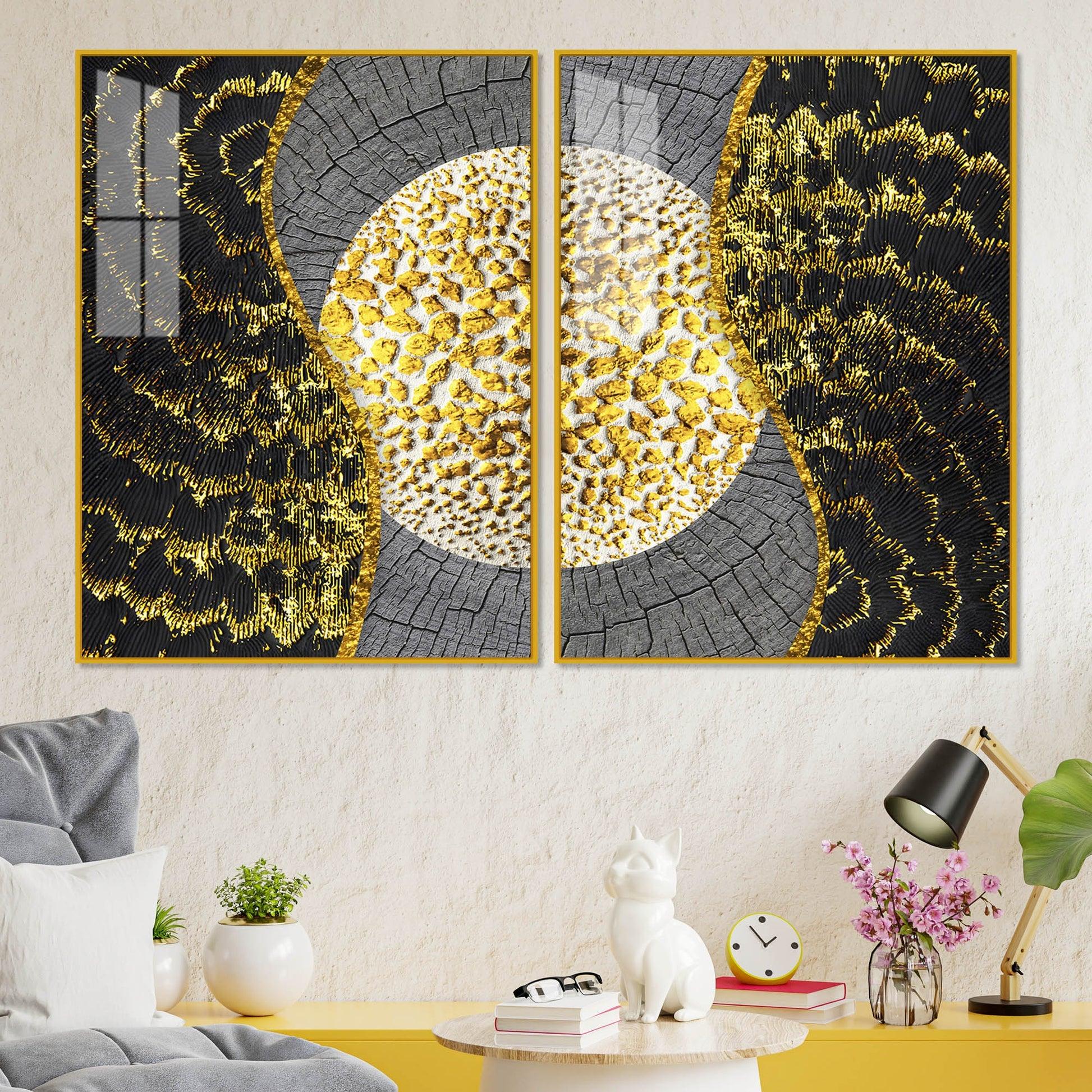Golden Textured Pattern Acrylic Floating Wall Painting Set of 2 - Decor Mantra 