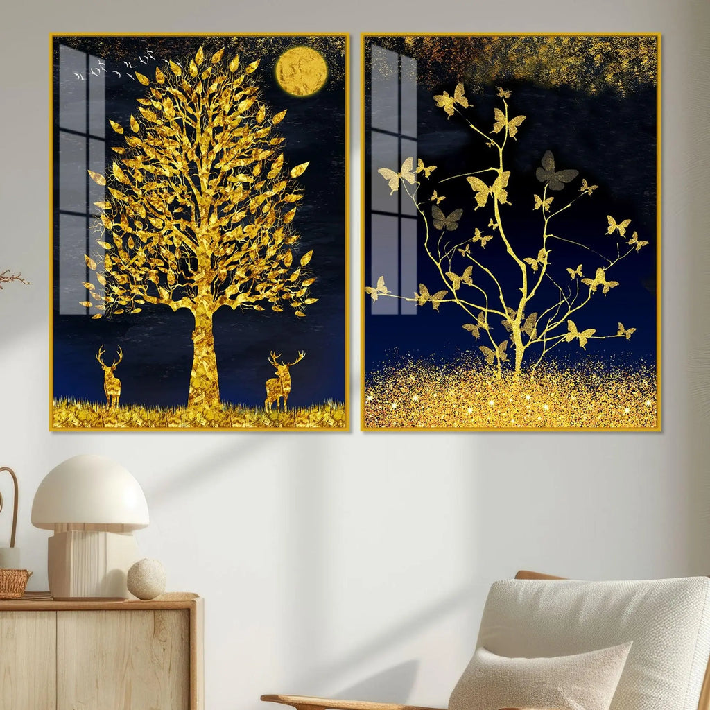 Abstract Golden Shiny Leaves Acrylic Floating Wall Painting Set Of 2 - Decor Mantra 