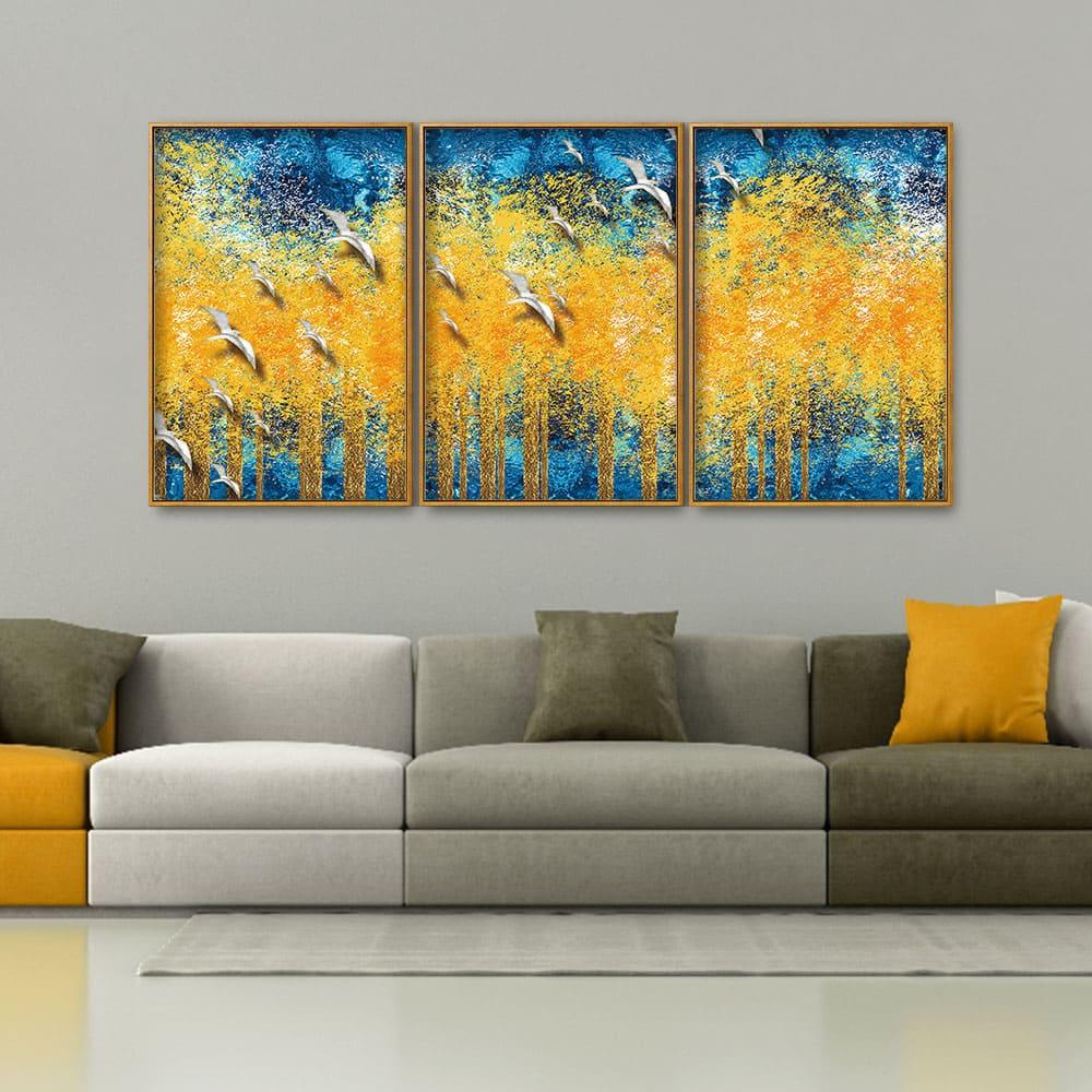Birds Flying Over Golden Trees Forest Floating Canvas Wall Painting Set of Three - Decor Mantra 