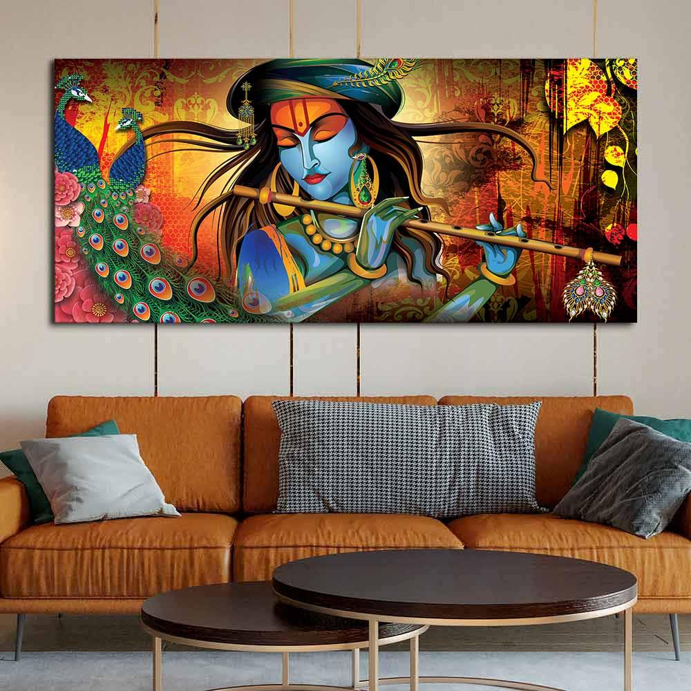Lord Krishna Playing Flute Premium Wall Painting - Decor Mantra 