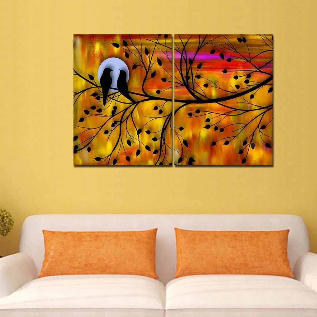 Beautiful Bird Couple on Tree Premium Bedroom Wall Painting - Decor Mantra 