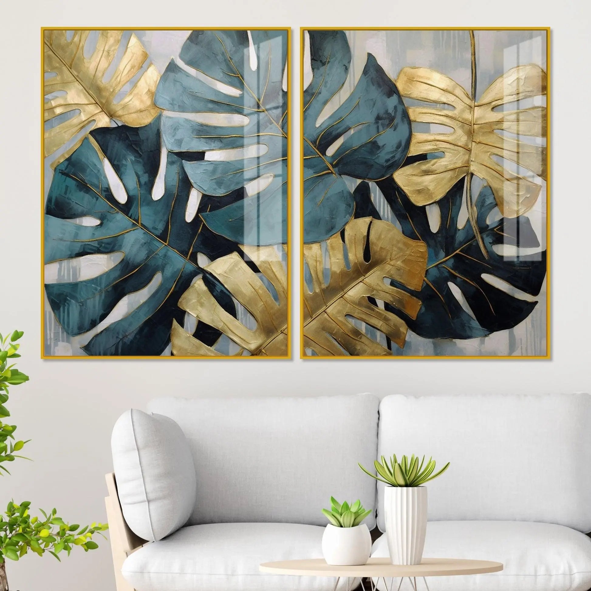 Monstera Leaves Acrylic Floating Wall Painting Set of 2 - Decor Mantra 