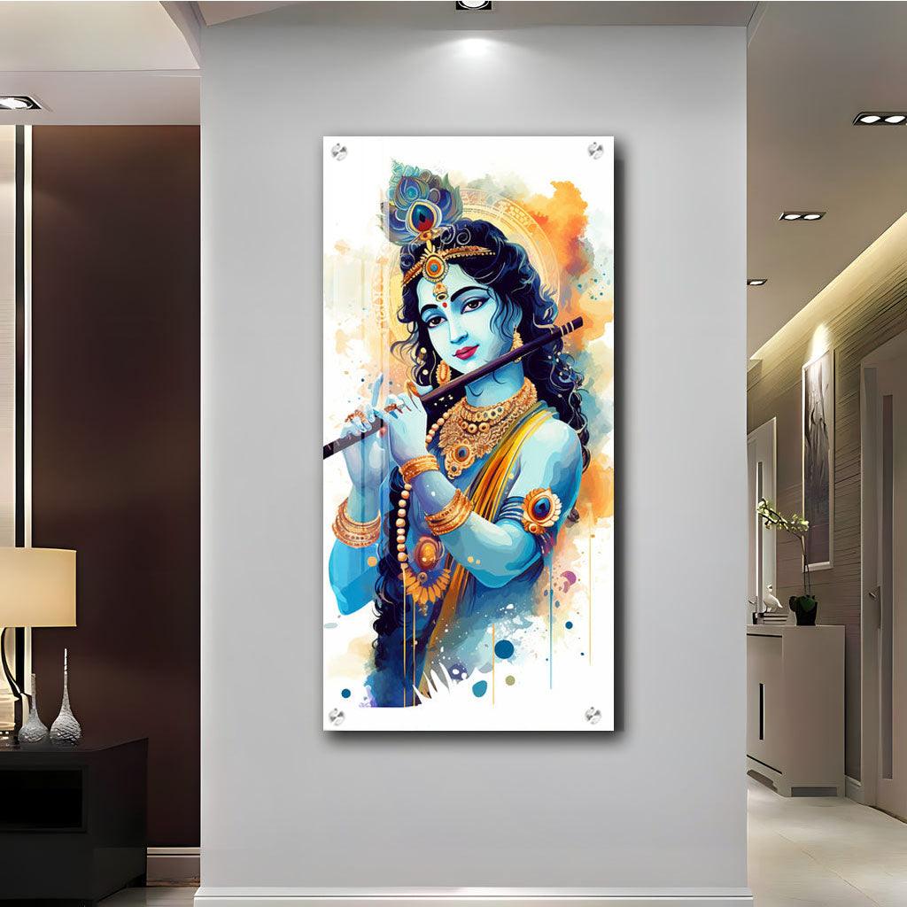 Luxurious Shree Krishna with Flute Vertical Wall Art in Premium Acrylic - Decor Mantra 