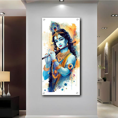 Luxurious Shree Krishna with Flute Vertical Wall Art in Premium Acrylic - Decor Mantra 