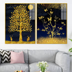 Abstract Golden Shiny Leaves Acrylic Floating Wall Painting Set Of 2 - Decor Mantra 