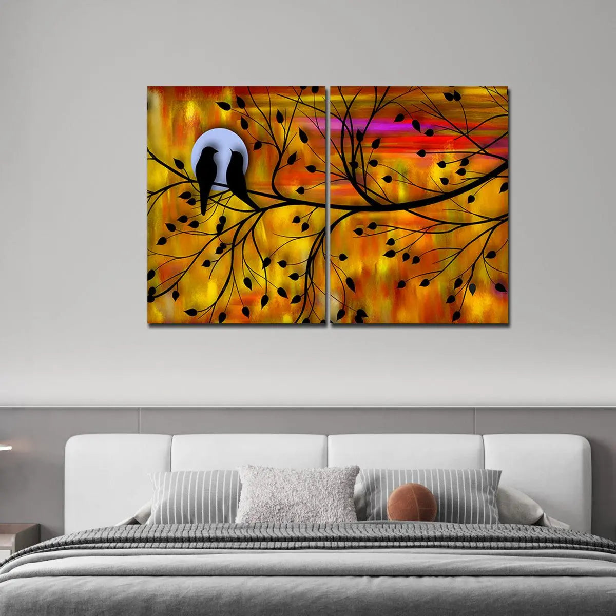 Beautiful Bird Couple on Tree Premium Bedroom Wall Painting - Decor Mantra 