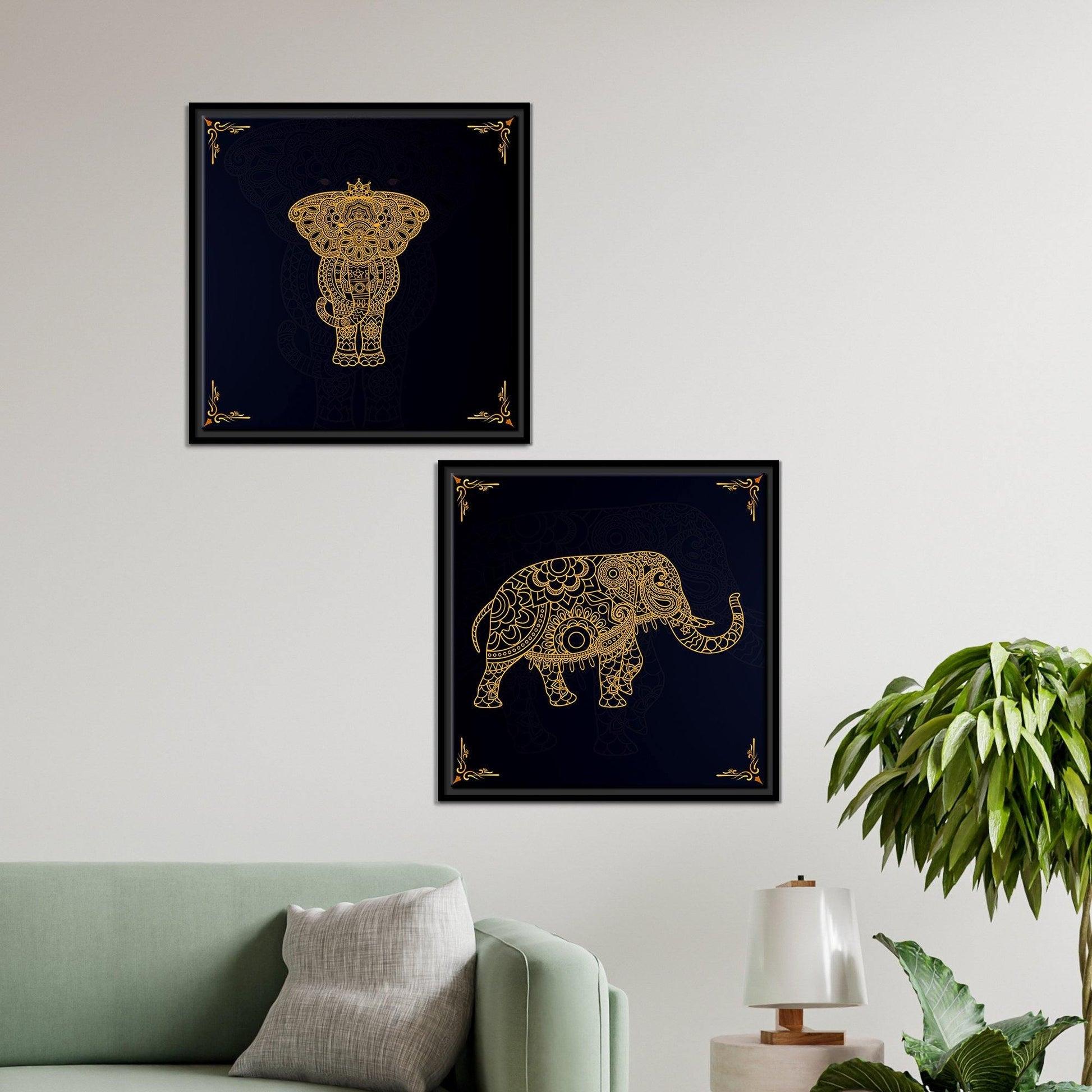 Madhubani Art Elephant Canvas Wall Painting of Two Pieces Floating Frame - Decor Mantra 