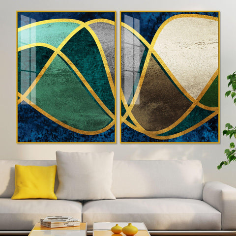 Luxury Golden Waves Line Art Premium Acrylic Floating Wall Painting Set Of 2 - Decor Mantra 