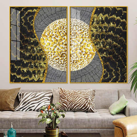 Golden Textured Pattern Acrylic Floating Wall Painting Set of 2 - Decor Mantra 