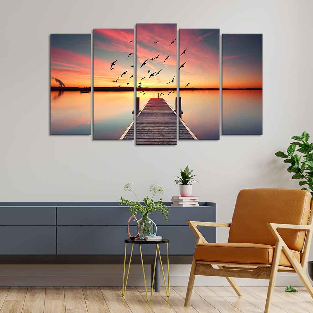 Romantic Wooden Jetty in Sunset Canvas wall Painting of Five Pieces - Decor Mantra 