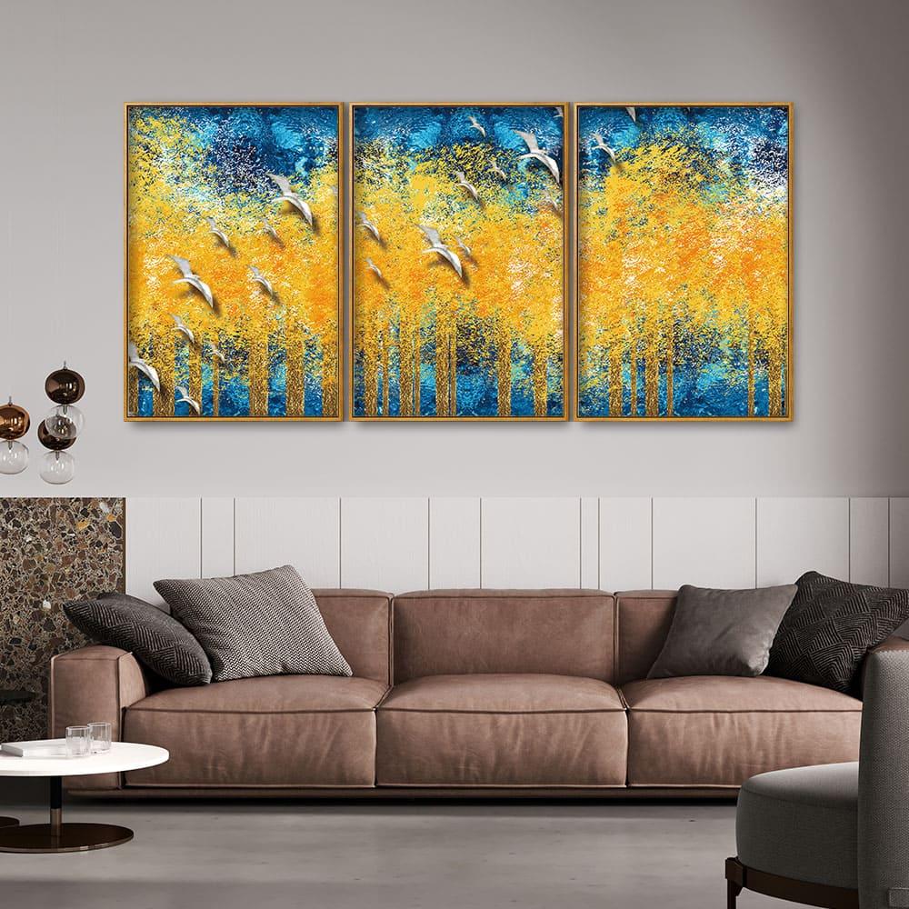 Birds Flying Over Golden Trees Forest Floating Canvas Wall Painting Set of Three - Decor Mantra 