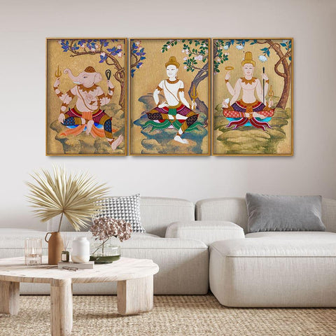Hindu God Thai Style Art Canvas Floating Canvas Wall Painting Set of Three - Decor Mantra 