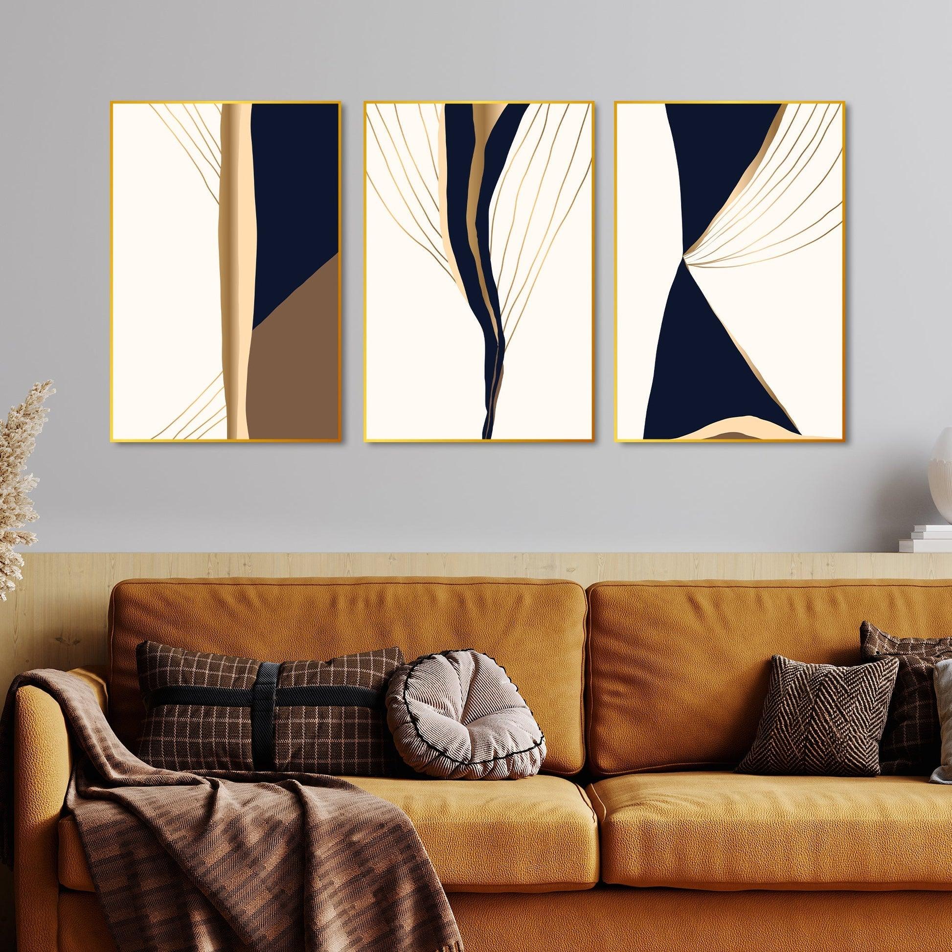 Gold & Black Modern Art Floating Canvas Wall Painting Set of Three - Decor Mantra 