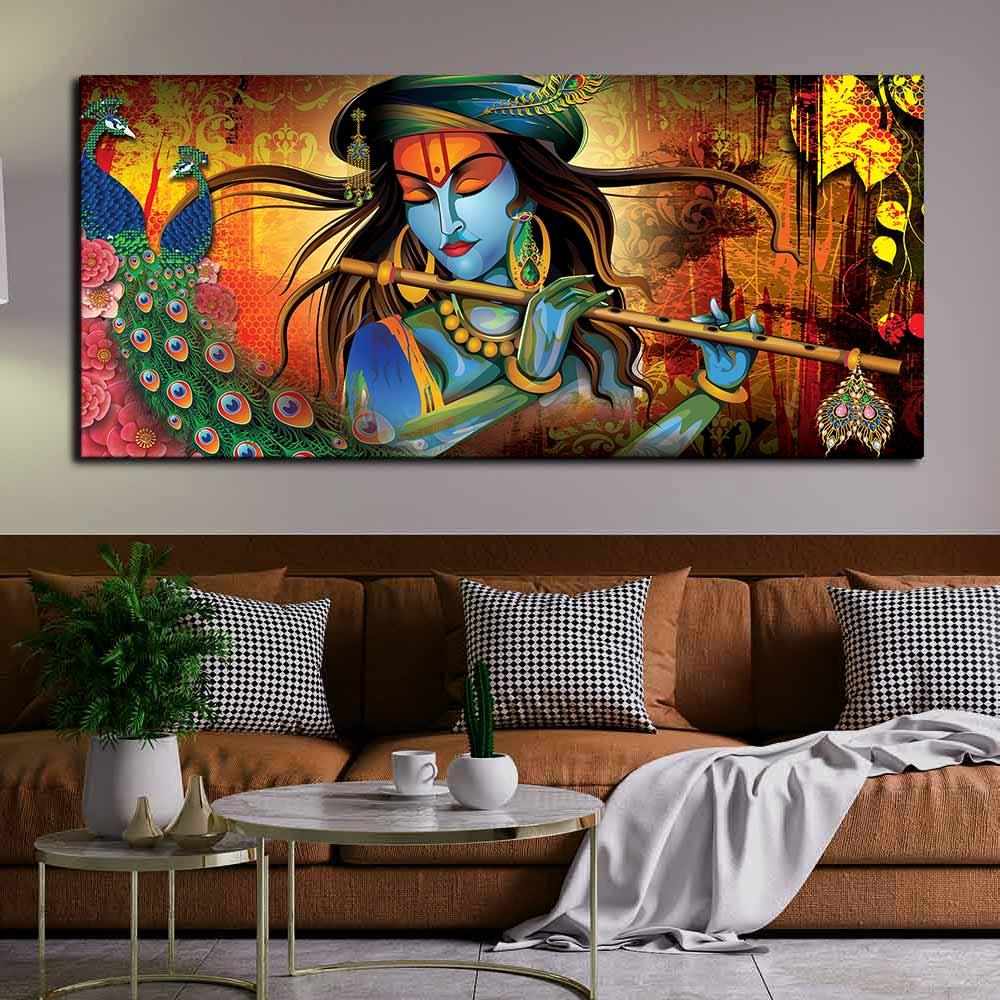 Lord Krishna Playing Flute Premium Wall Painting - Decor Mantra 