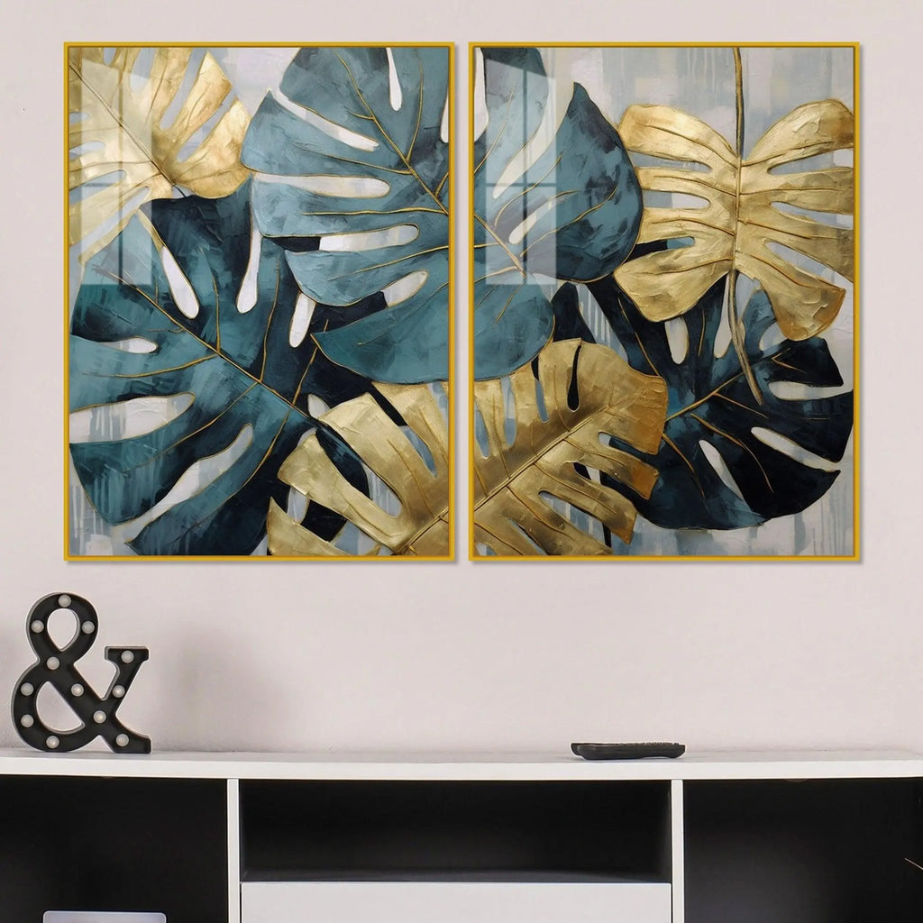 Monstera Leaves Acrylic Floating Wall Painting Set of 2 - Decor Mantra 
