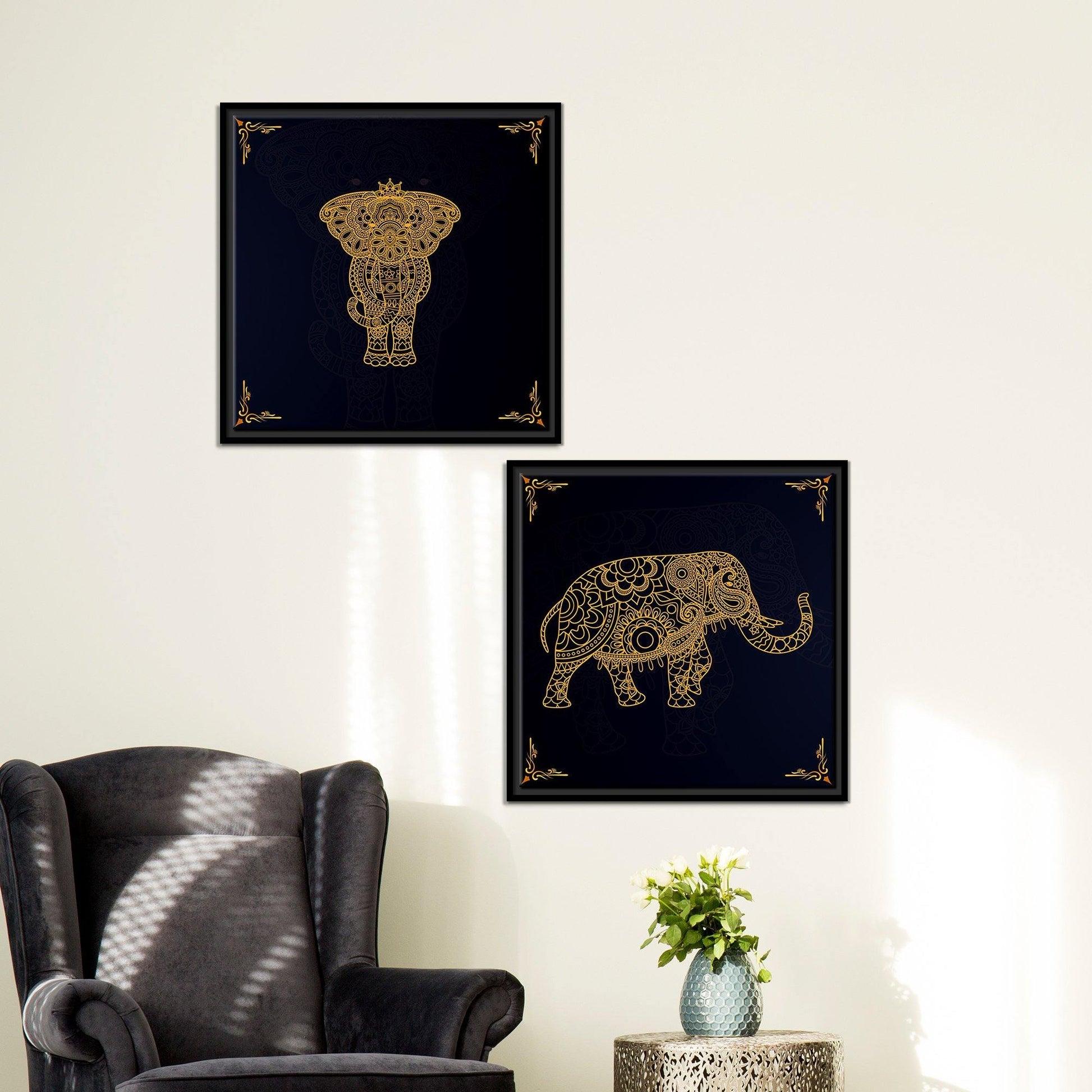 Madhubani Art Elephant Canvas Wall Painting of Two Pieces Floating Frame - Decor Mantra 