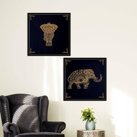Madhubani Art Elephant Canvas Wall Painting of Two Pieces Floating Frame - Decor Mantra 