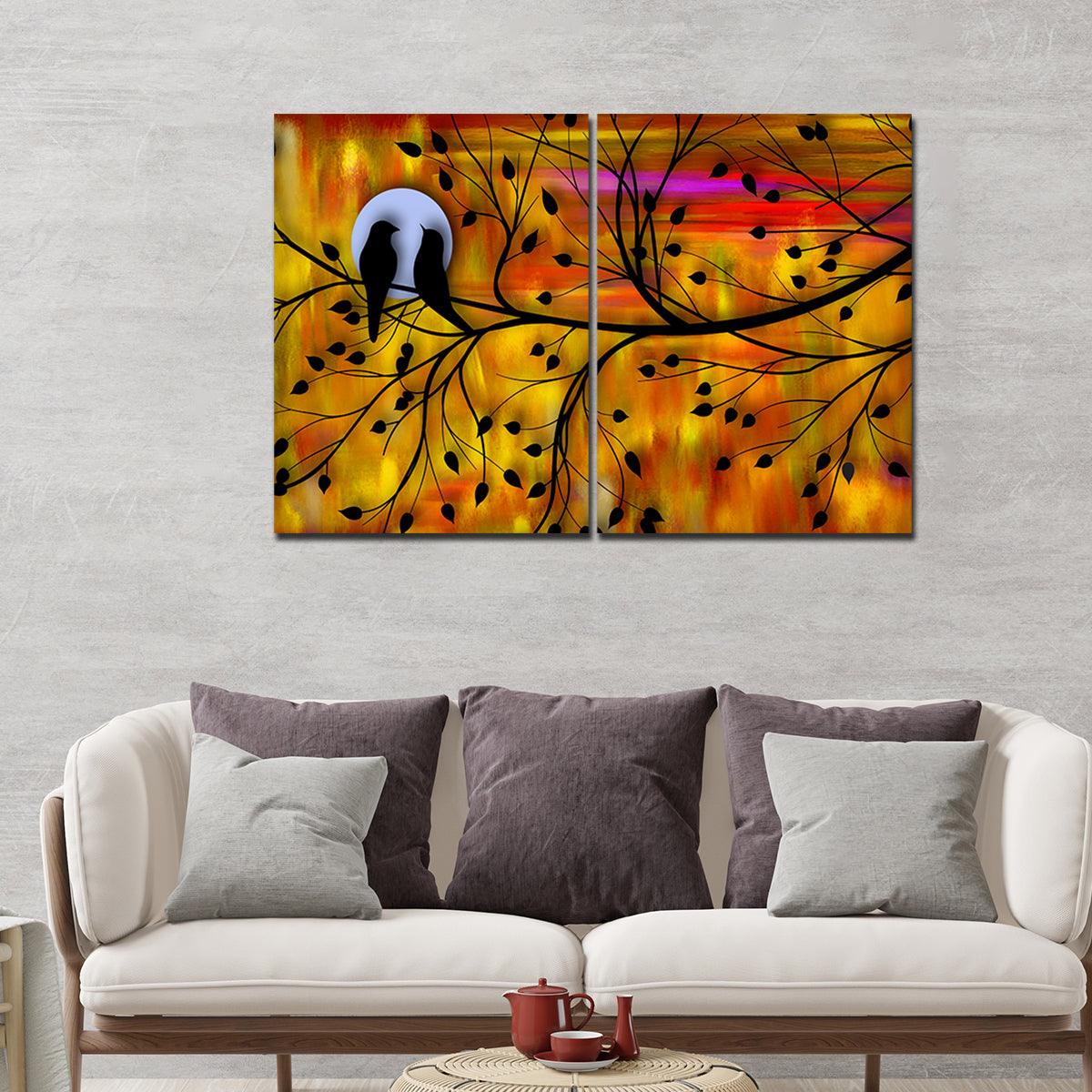 Beautiful Bird Couple on Tree Premium Bedroom Wall Painting - Decor Mantra 