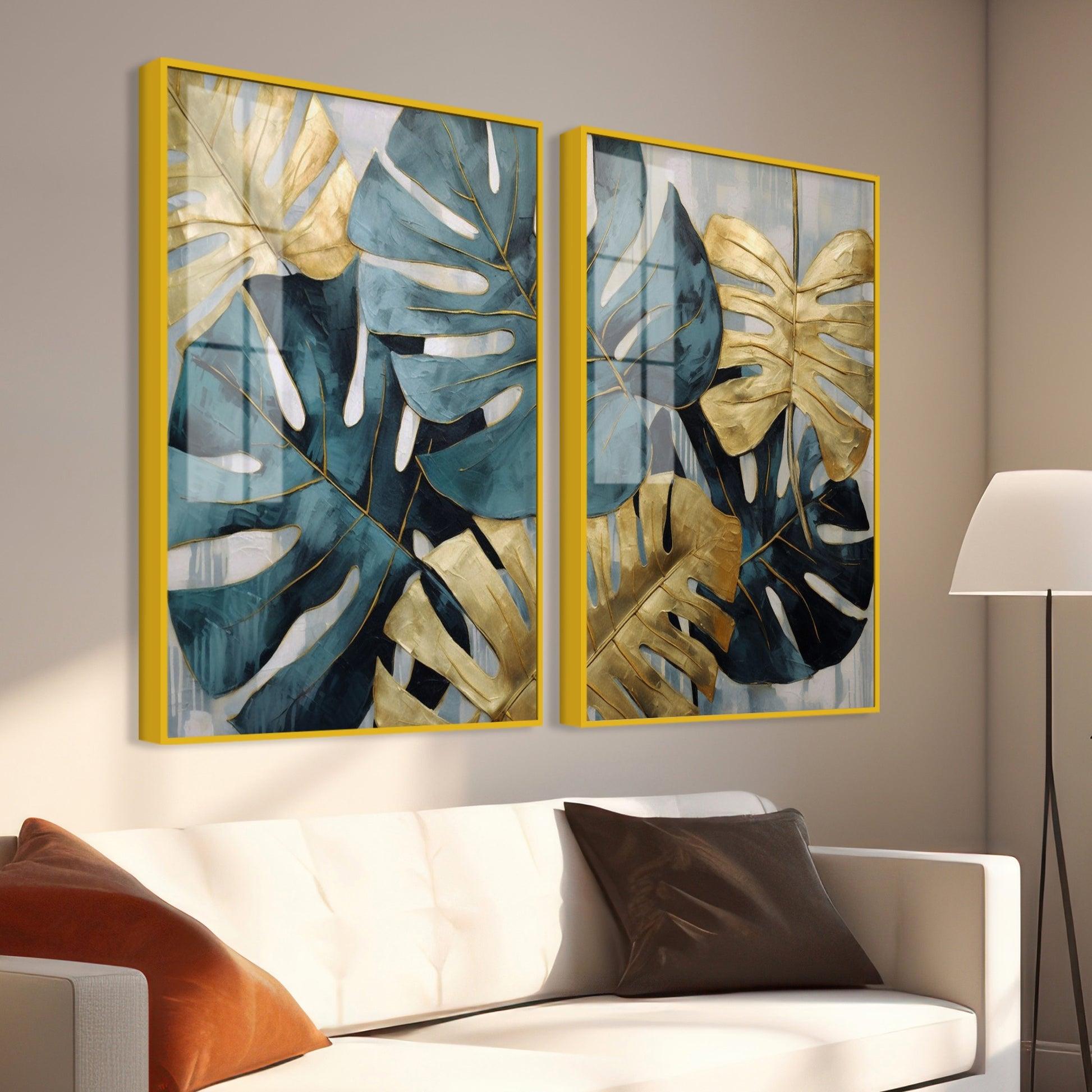 Monstera Leaves Acrylic Floating Wall Painting Set of 2 - Decor Mantra 