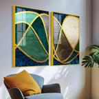Luxury Golden Waves Line Art Premium Acrylic Floating Wall Painting Set Of 2 - Decor Mantra 