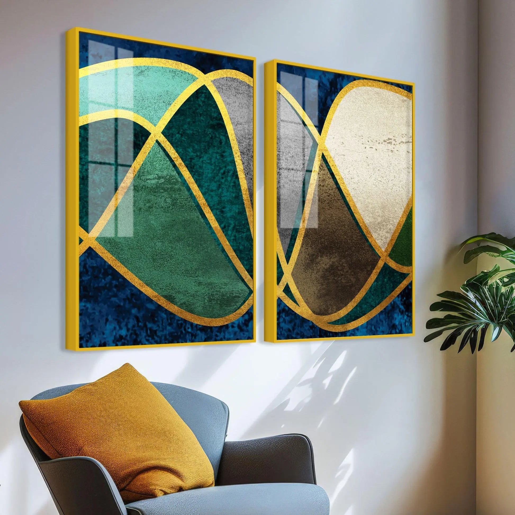 Luxury Golden Waves Line Art Premium Acrylic Floating Wall Painting Set Of 2 - Decor Mantra 