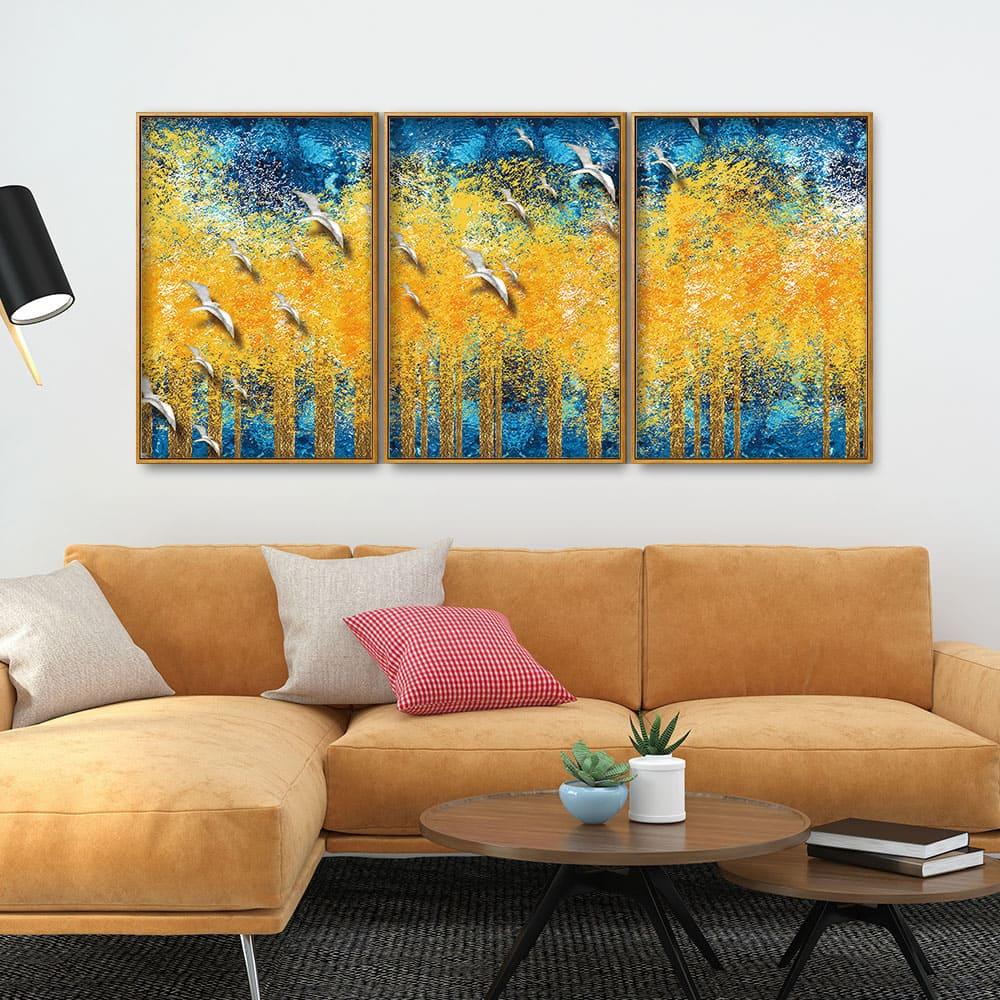 Birds Flying Over Golden Trees Forest Floating Canvas Wall Painting Set of Three - Decor Mantra 