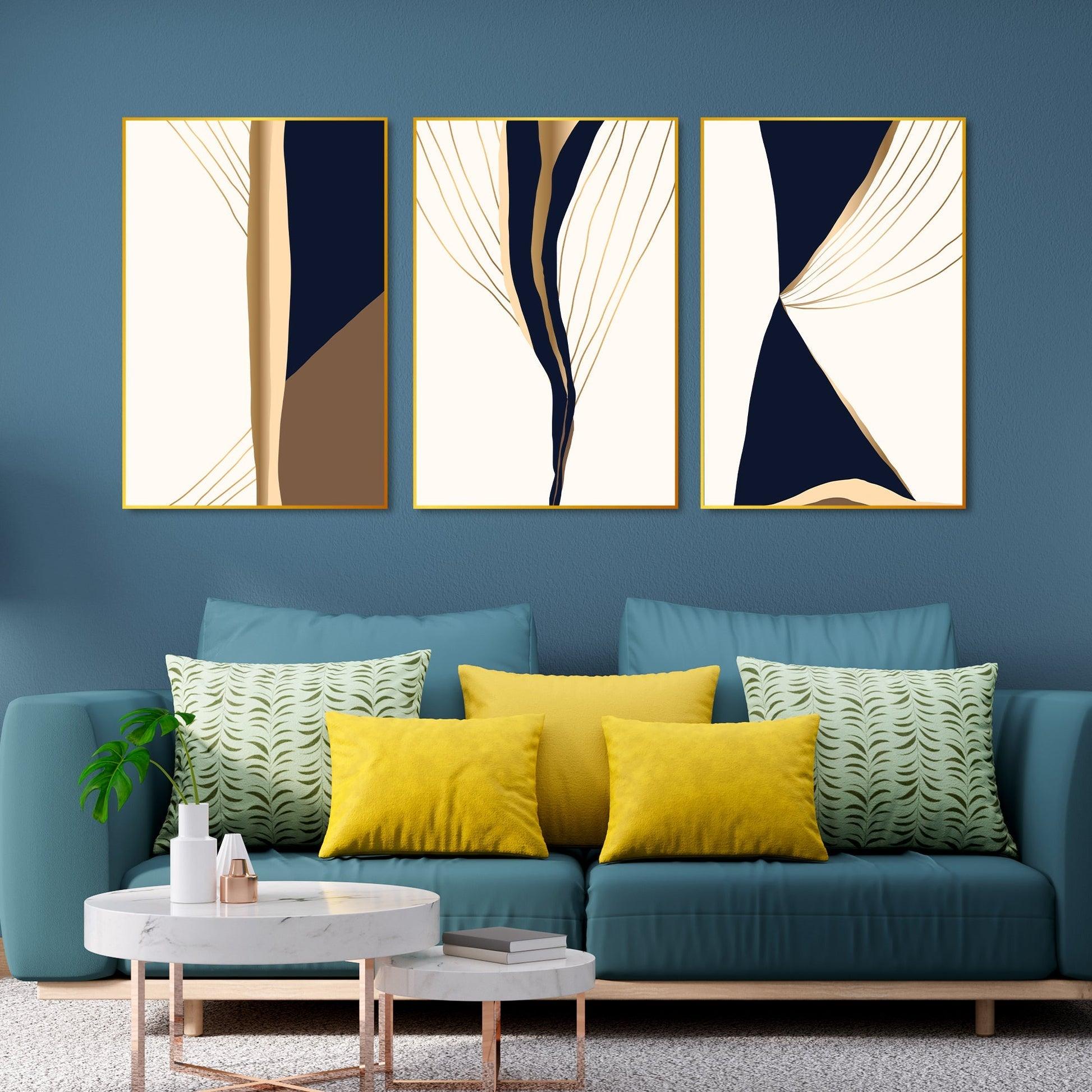 Gold & Black Modern Art Floating Canvas Wall Painting Set of Three - Decor Mantra 