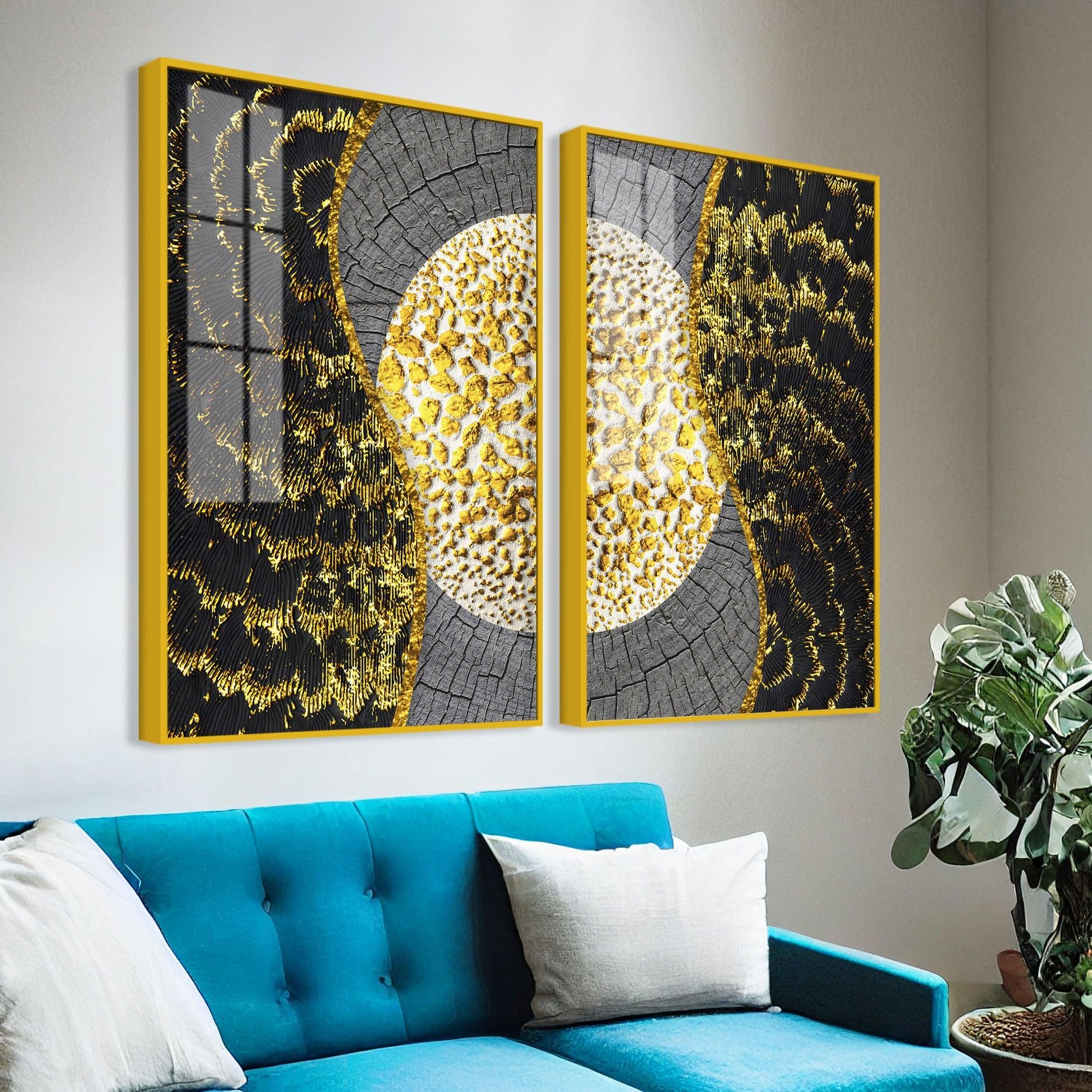 Golden Textured Pattern Acrylic Floating Wall Painting Set of 2 - Decor Mantra 