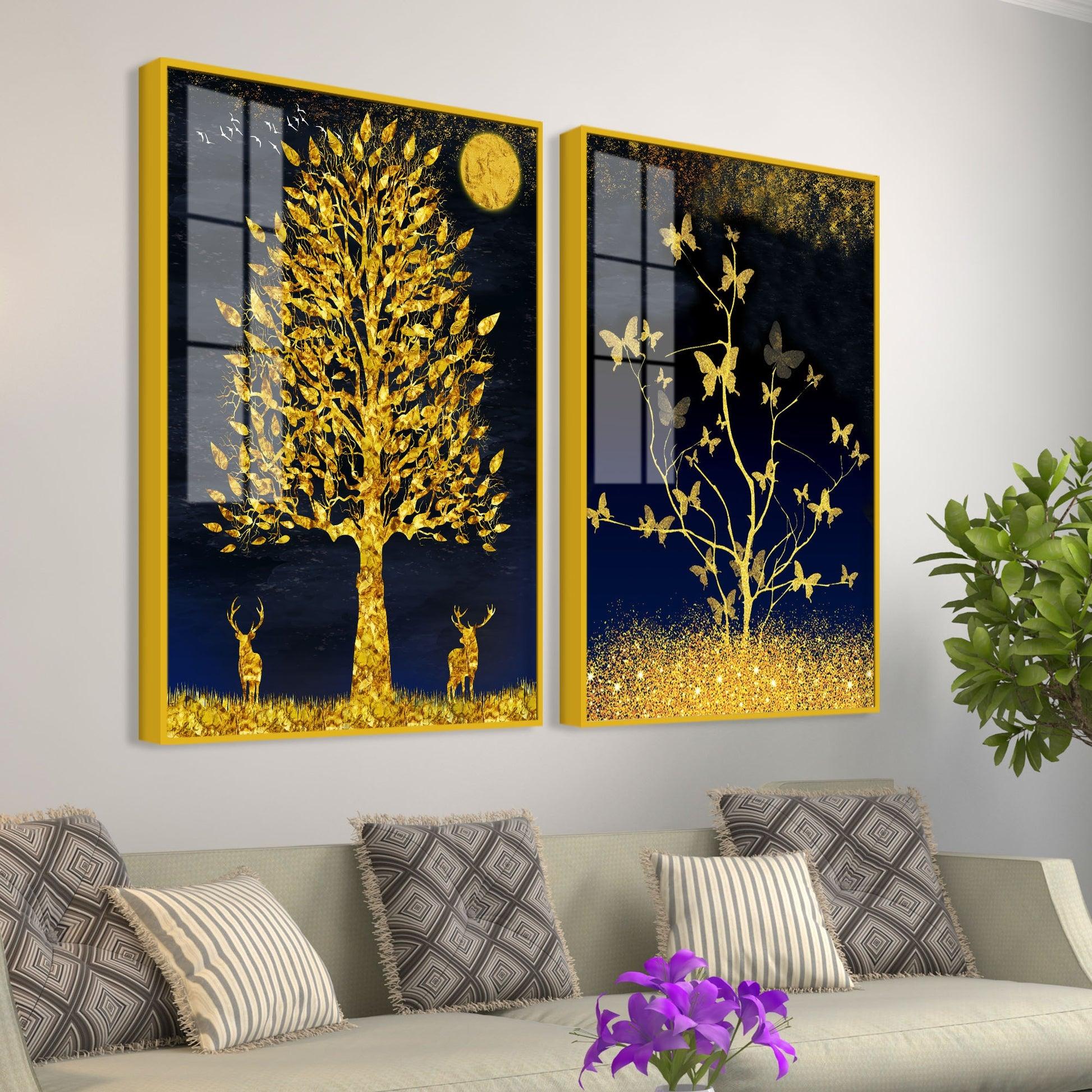 Abstract Golden Shiny Leaves Acrylic Floating Wall Painting Set Of 2 - Decor Mantra 