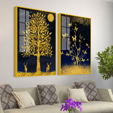 Abstract Golden Shiny Leaves Acrylic Floating Wall Painting Set Of 2 - Decor Mantra 