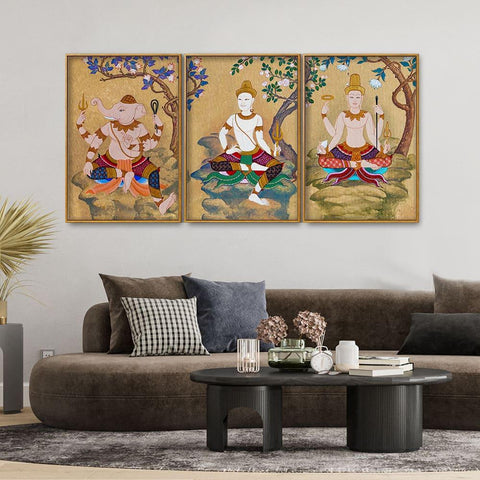 Hindu God Thai Style Art Canvas Floating Canvas Wall Painting Set of Three - Decor Mantra 