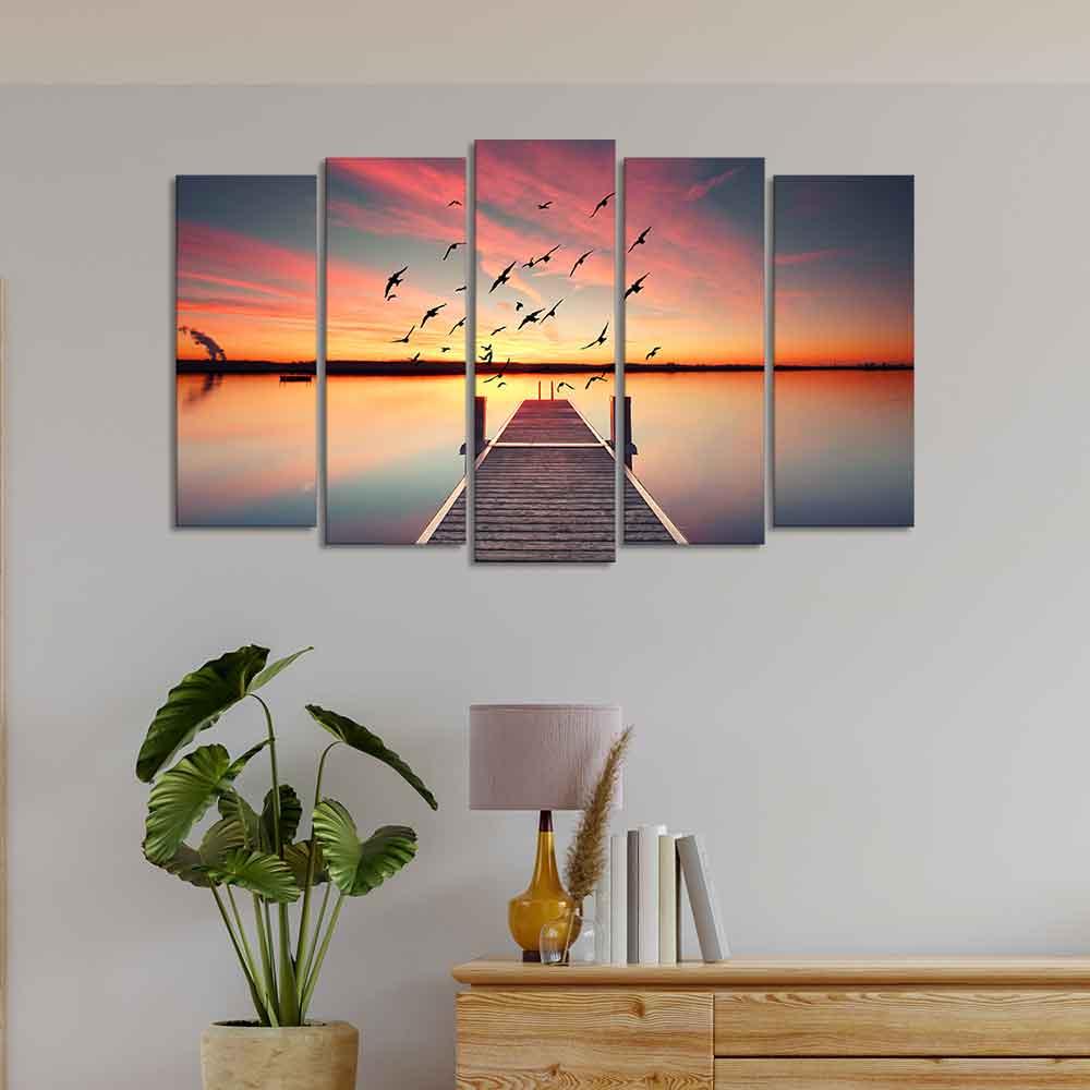 Romantic Wooden Jetty in Sunset Canvas wall Painting of Five Pieces - Decor Mantra 