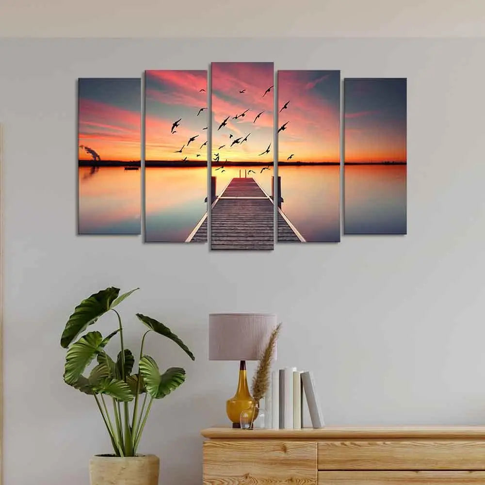 Romantic Wooden Jetty in Sunset Canvas wall Painting of Five Pieces - Decor Mantra 