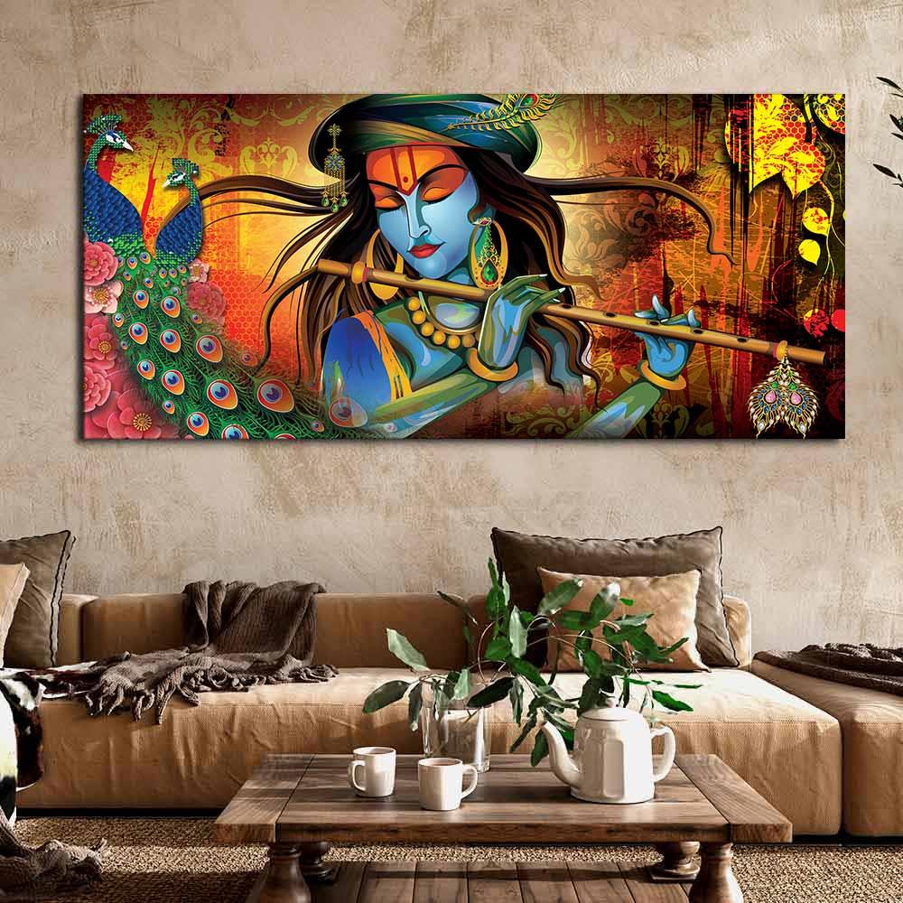 Lord Krishna Playing Flute Premium Wall Painting - Decor Mantra 