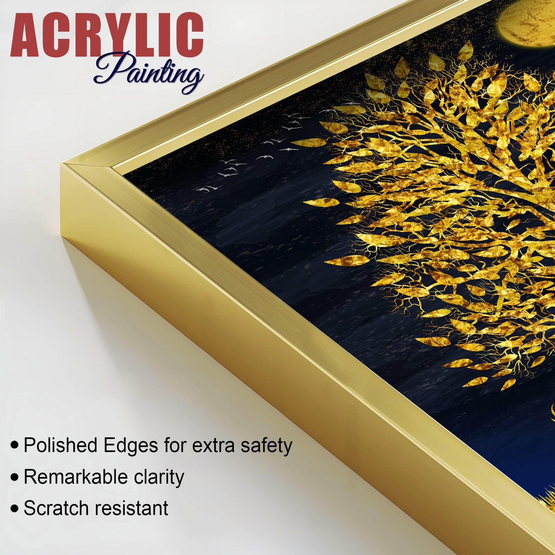 Abstract Golden Shiny Leaves Acrylic Floating Wall Painting Set Of 2 - Decor Mantra 