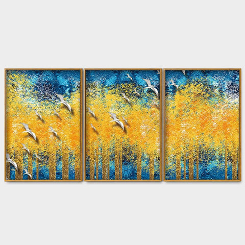 Birds Flying Over Golden Trees Forest Floating Canvas Wall Painting Set of Three - Decor Mantra 