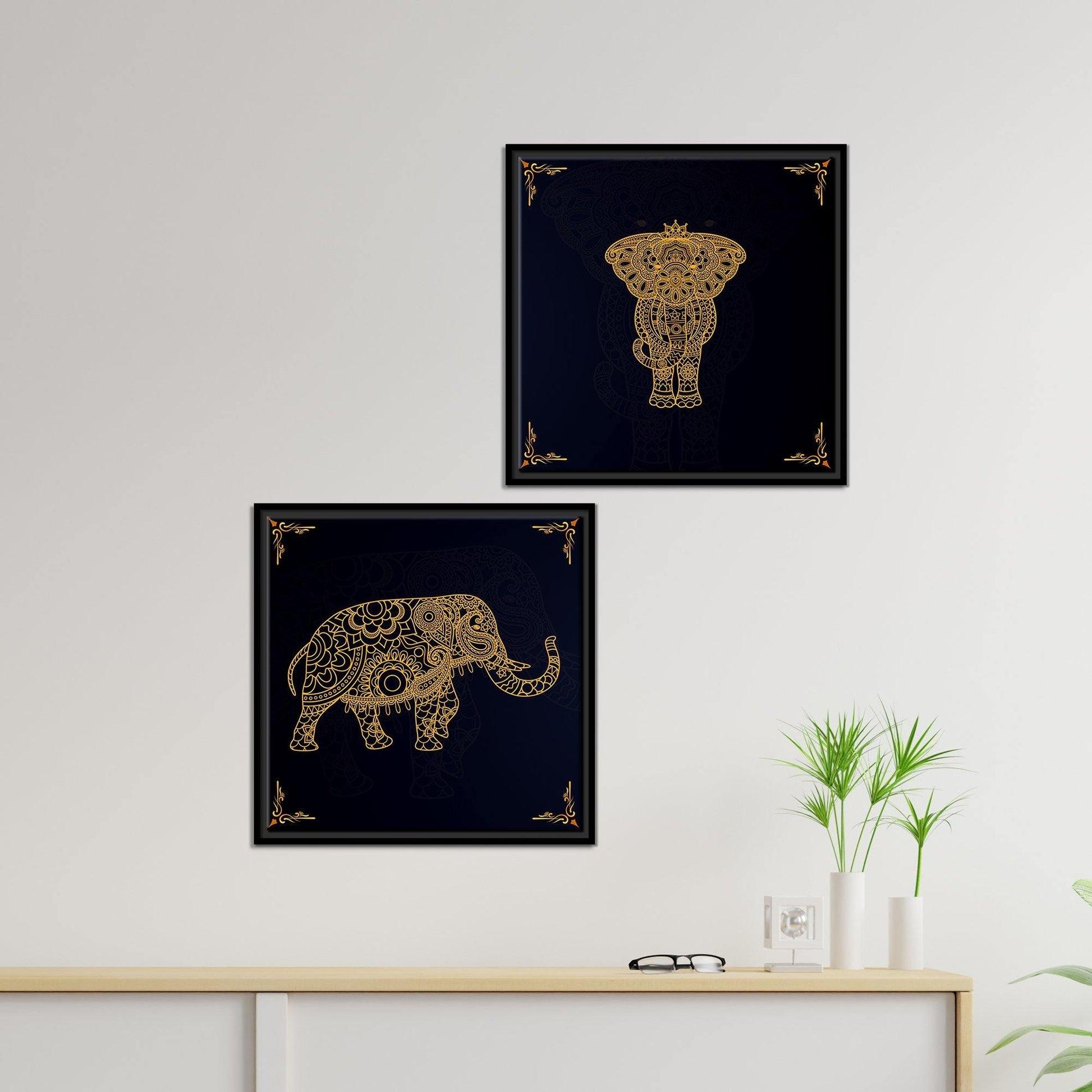 Madhubani Art Elephant Canvas Wall Painting of Two Pieces Floating Frame - Decor Mantra 