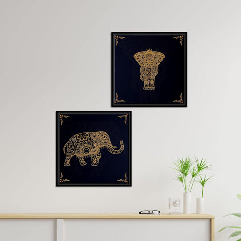 Madhubani Art Elephant Canvas Wall Painting of Two Pieces Floating Frame - Decor Mantra 