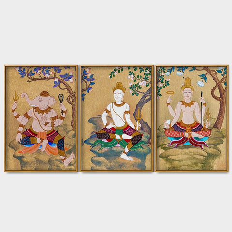 Hindu God Thai Style Art Canvas Floating Canvas Wall Painting Set of Three - Decor Mantra 