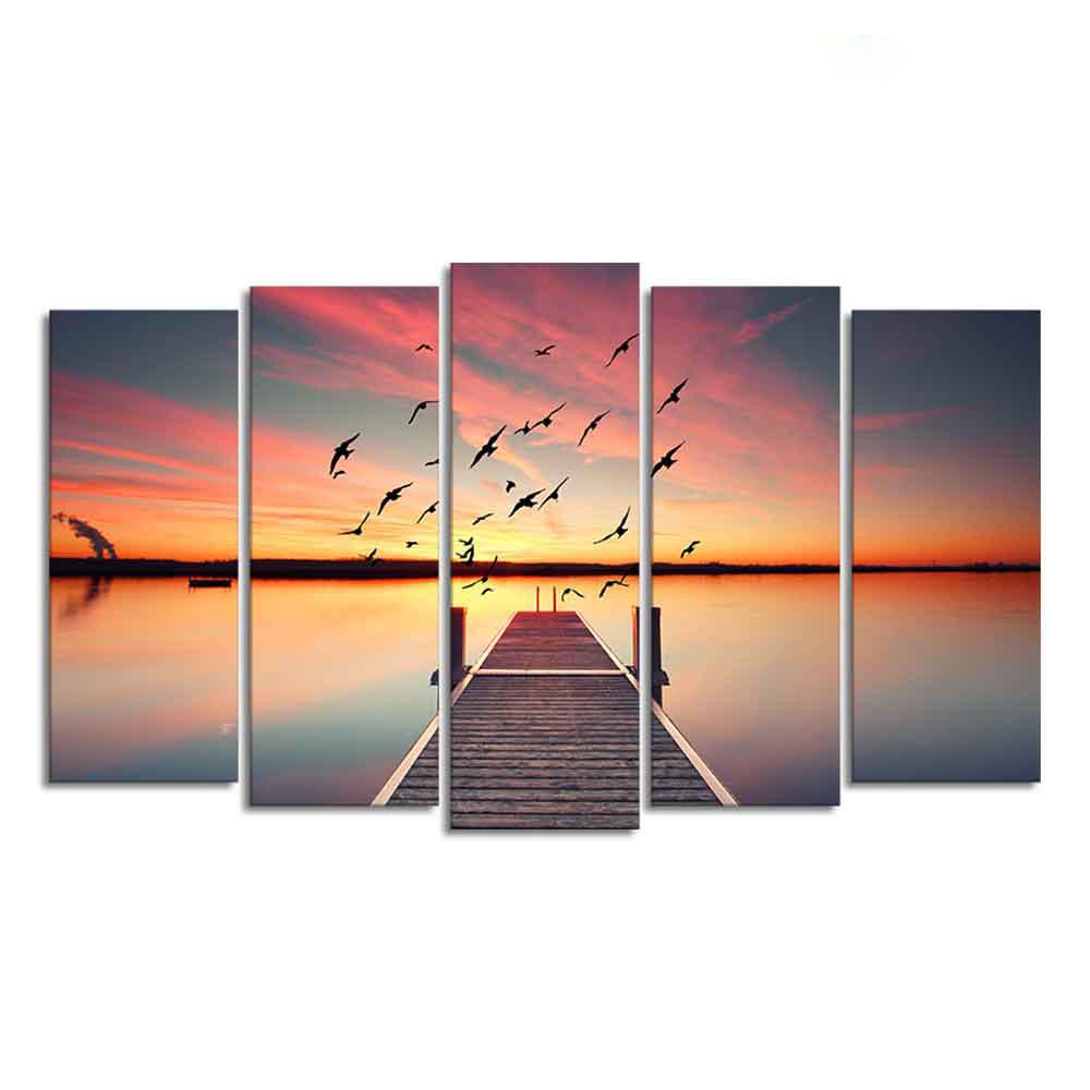 Romantic Wooden Jetty in Sunset Canvas wall Painting of Five Pieces - Decor Mantra 