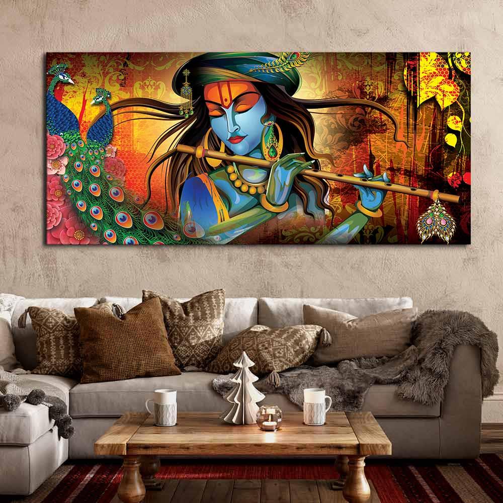 Lord Krishna Playing Flute Premium Wall Painting - Decor Mantra 