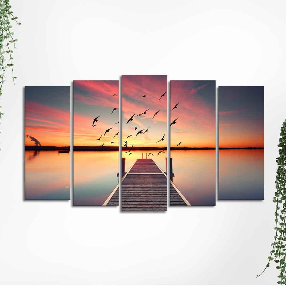 Romantic Wooden Jetty in Sunset Canvas wall Painting of Five Pieces - Decor Mantra 