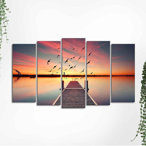 Romantic Wooden Jetty in Sunset Canvas wall Painting of Five Pieces - Decor Mantra 