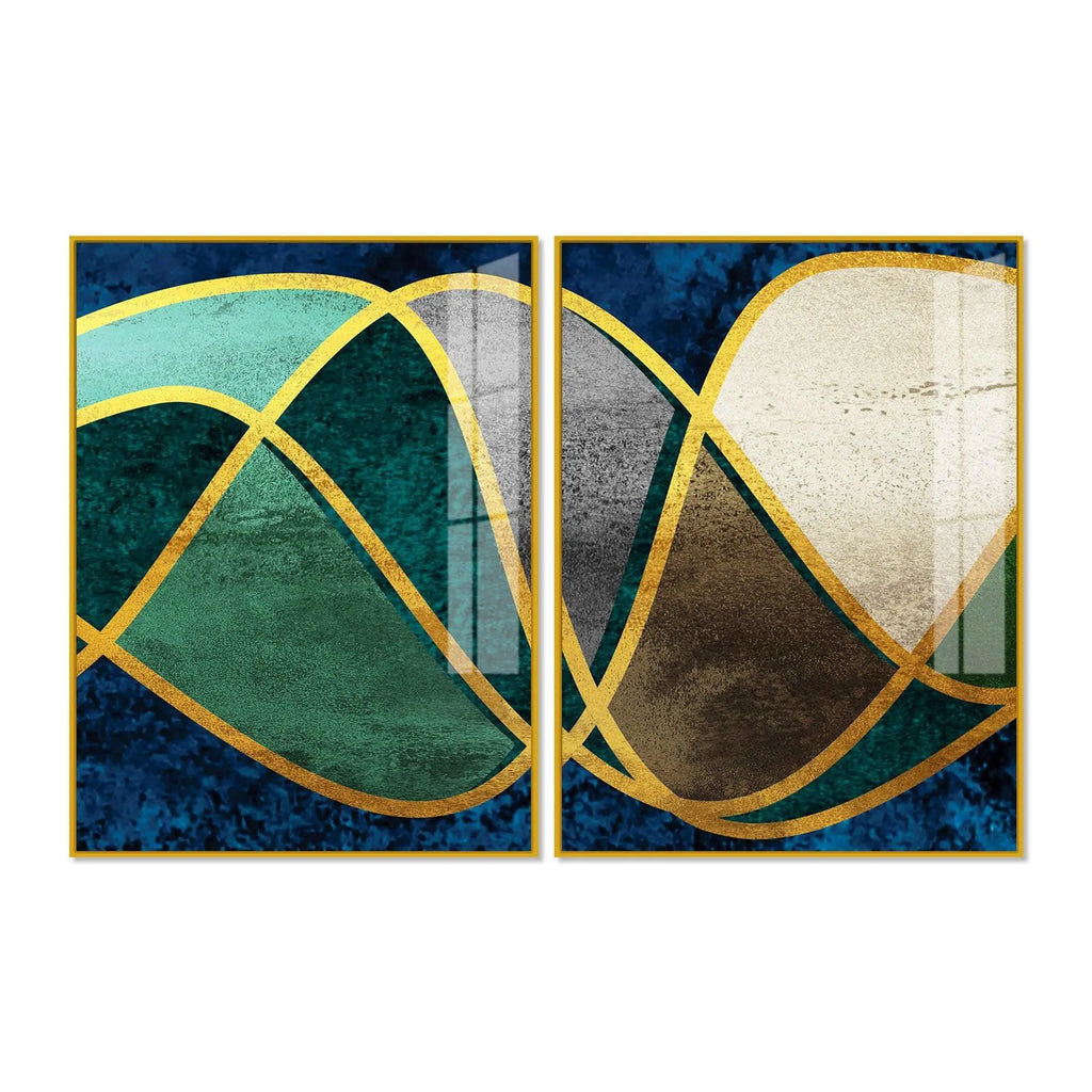 Luxury Golden Waves Line Art Premium Acrylic Floating Wall Painting Set Of 2 - Decor Mantra 