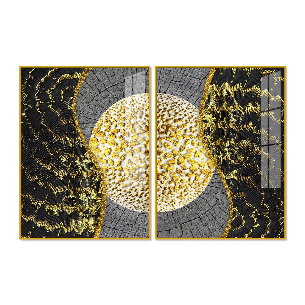Golden Textured Pattern Acrylic Floating Wall Painting Set of 2 - Decor Mantra 